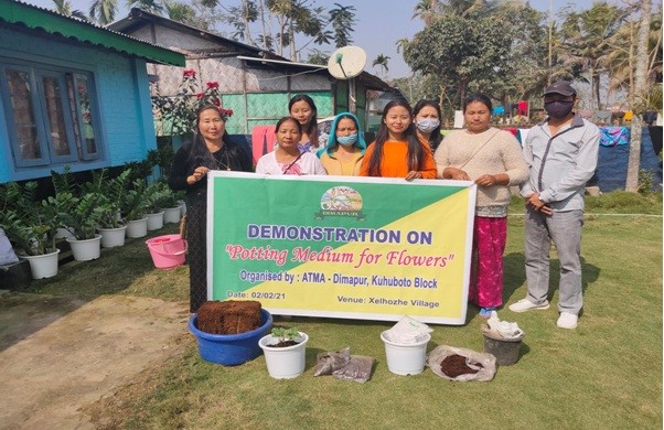 ATMA Dimapur Kuhuboto block conducted demonstration on ‘Potting medium for Flowers’ on February 2 at Xelhozhe village. Moainla, BTM (ATMA), Dhansiripar Block was the resource person. She demonstrated the process for potting methods for flowers to the participants. The programme concluded with a fruitful interaction. (Photo Courtesy: ATMA Dimapur)